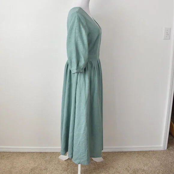 Linen Handmade Studio Open Back Madeleine Midi Dress Teal - 6 - Picture 8 of 11